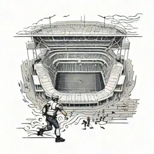 An Intricate Black And Grey Tattoo Of A Football Stadium With Police Officers Patrolling The Stands