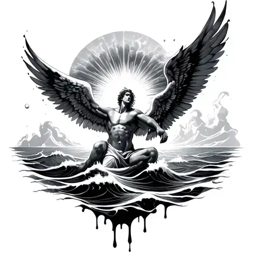 Icarus With Wax Wings Melting From The Sun And Waves Below On Inside Of Forearm