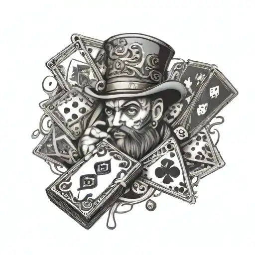 An Intricate Design Of A Hustler Counting Money With Playing Cards And Dice