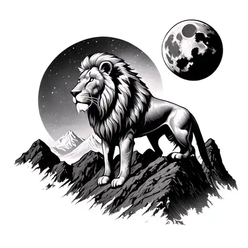 Lion On Mountain With Moon