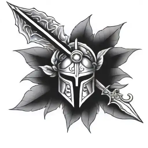 Italian Spartan Helmet With Laurel Bay Leaves And A Sword Going Through The Top