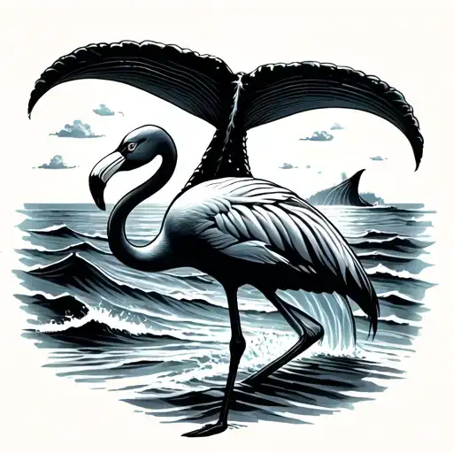 Flamingo On A Beach With A Whale Tail Breaching Ocean Surface