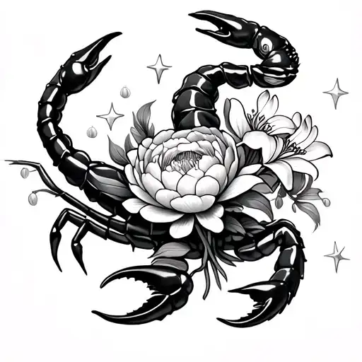 Scorpion Holding Peony And Lily Of The Valley With Stars
