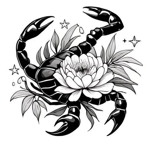 Simple Scorpion Holding Peony And Lily Of The Valley With Stars Around It
