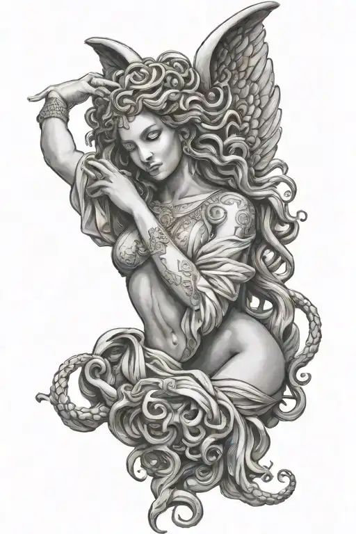 Sexy Medusa Holding Hands On Shoulders Of An Statue Angel