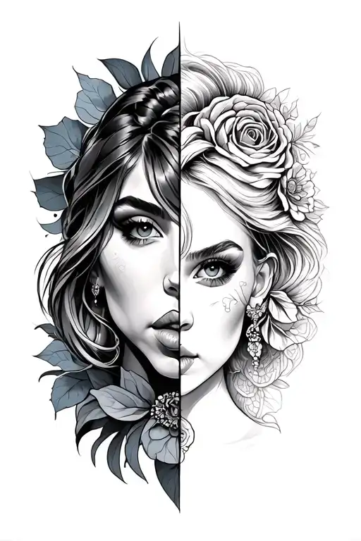 Split Tattoo With Half Girly And Half Manly