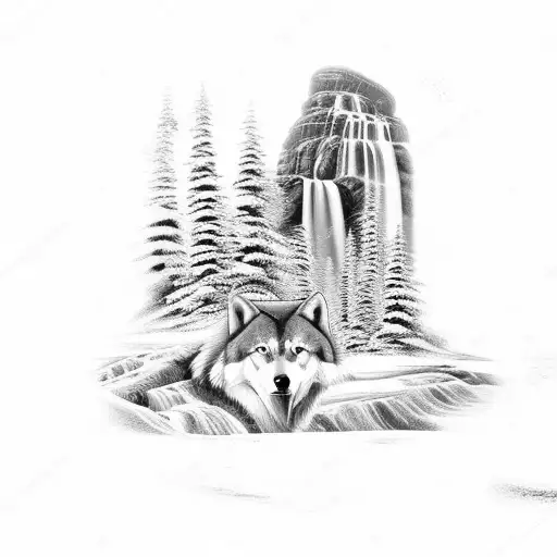 Norway Waterfall And Fjord With Trees And Wolf In The Distance