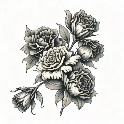 A Bouqet Of Two Carnations A Larkspur A Violet And An Aster Line Art