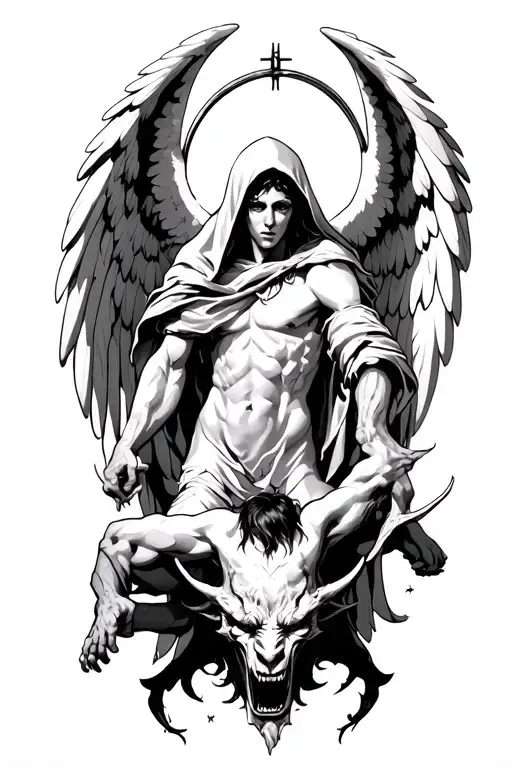 Hooded Arch Angel Defeating A Demon