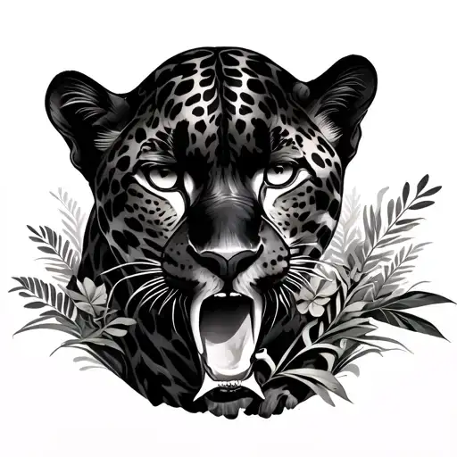 Black Panther Or Cheeta Eating With Plants Around Realistic