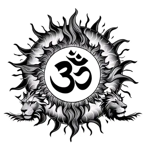 Om Symbol Surrounded By Sun With Lions Head And Breathe Symbol