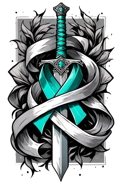 A Teal Cancer Ribbon Wrapped Around A Fantasy Sword