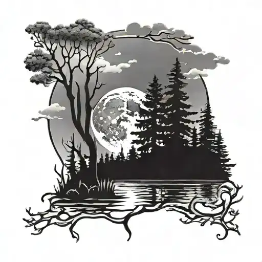 Forest Lake And Moon