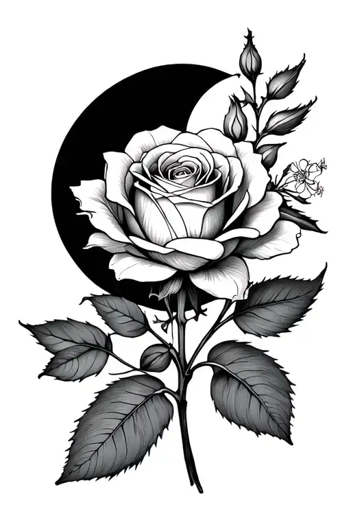 Minimalistic Rose And Honeysuckle Flower With Stems And A Crescent Moon Behind Them