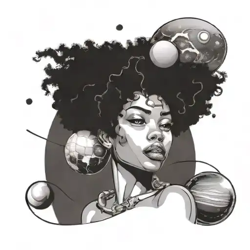 Nude Black Girl With Afro And Planets Orbiting Her