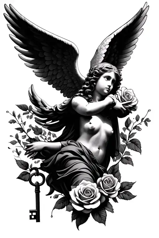 An Angel With Wings Flying With Roses And A Key At The Bottom