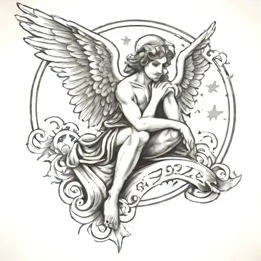Angel With Wings Holding Stars With Clouds Shaded Around It With The Year 1972 Below