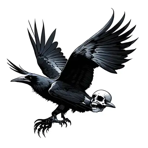 Raven In Flight Carrying Skull In Claws