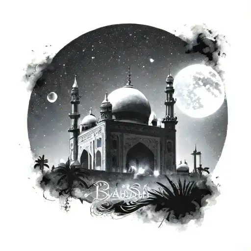 Badshahi Mosque In Lahore At Night With The Moon Small In Top Left Corner