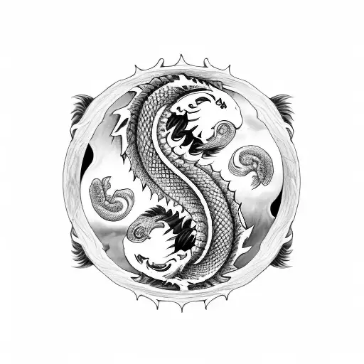 Dragon With Ying Yang Symbol And Koi Fish