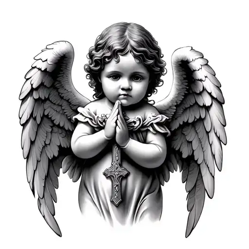 Praying Baby Angel Wings Holding Cross