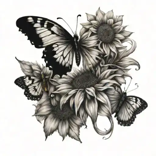 Butterflies And Sunflower In The Middle