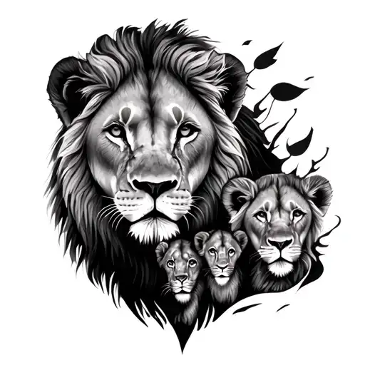 Lioness With Two Cubs And Lion Shadow Leaves You