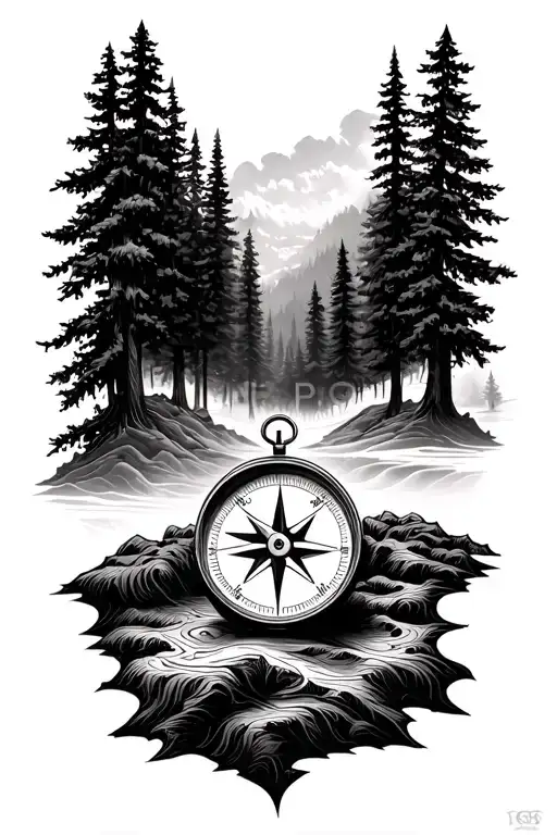Compass With Forest And Topographic Map