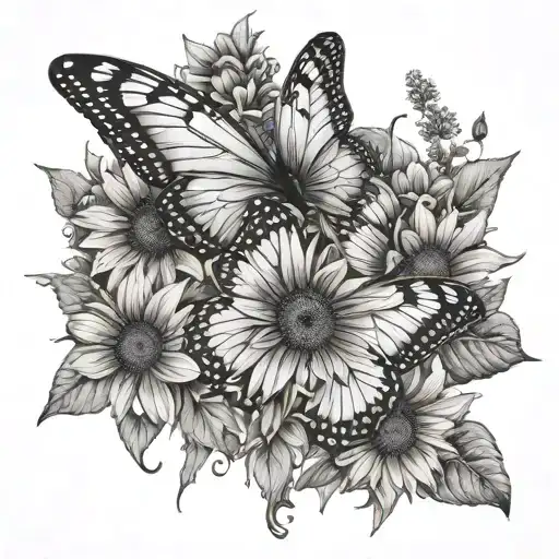 Butterflies And Long Sunflower And Be Delicate With The Wings