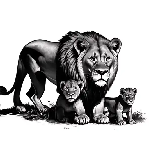 Lioness With Two Cubs And Lion Shadow Leave This World