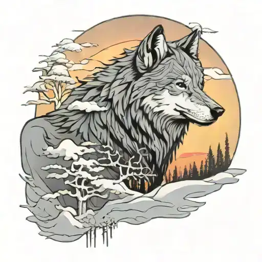 House Stark Wolf With Snow And Trees Colors Sunset