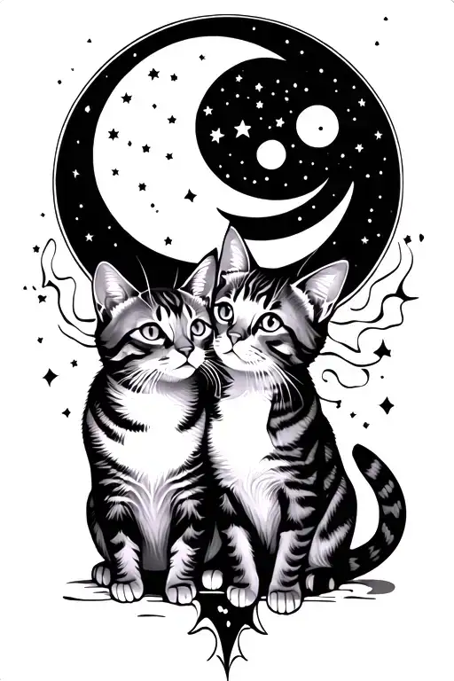 Two Cats Playing With The Sun And Moon Surrounded