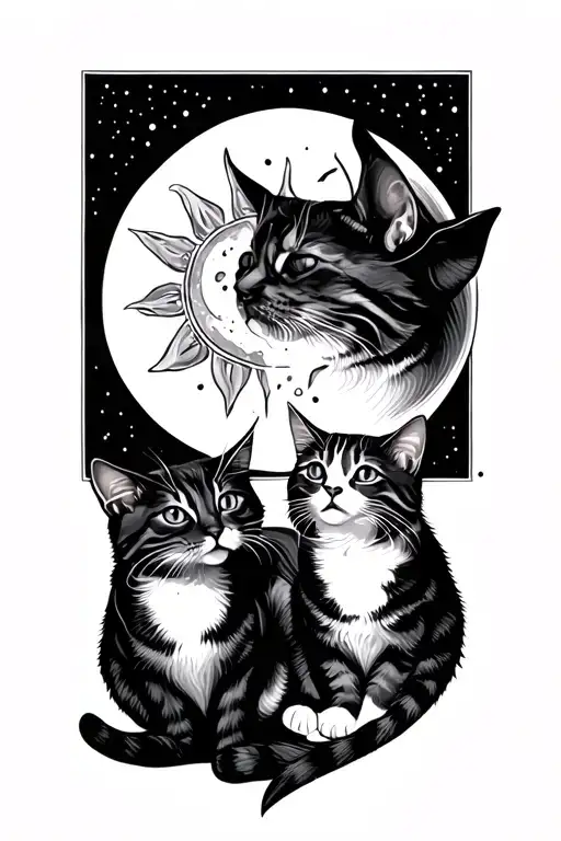 Two Cats Playing With The Sun And Moon