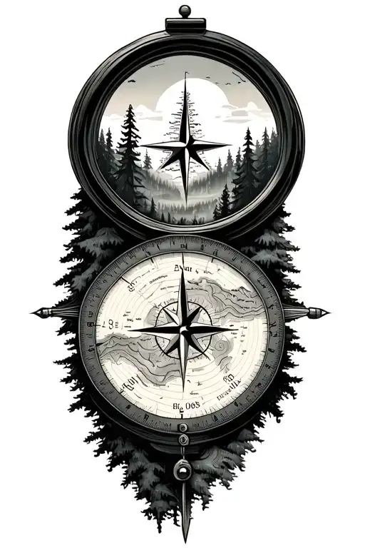 Compass With Topographic Map And Forest Scene