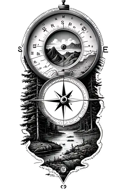 Compass With Topographic Map And Forest And Fishing Scene