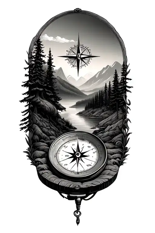 Compass With Topographic Map And Forest And Fishing Scene