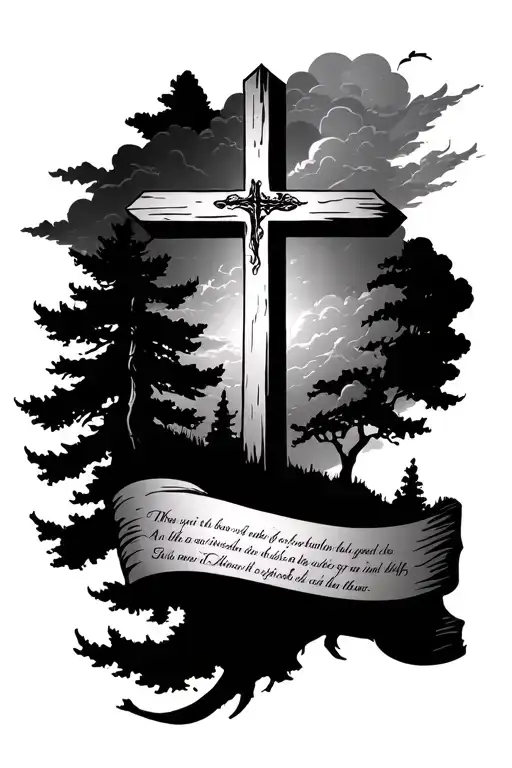 Cross With Clouds And Trees With A Script From The Bible