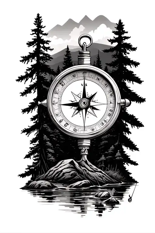 Compass With Forest And Fishing Scene