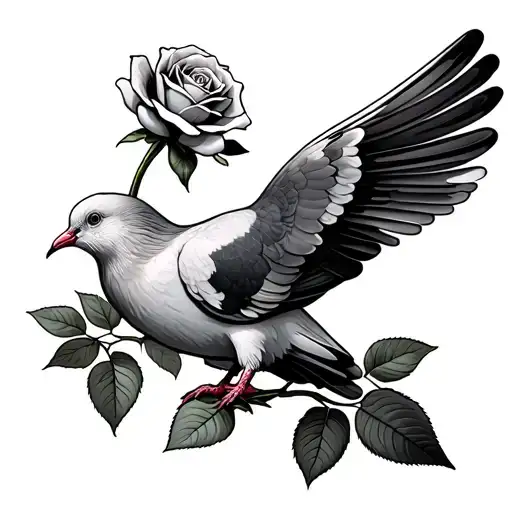 Dove Holding A Rose In Its Beak