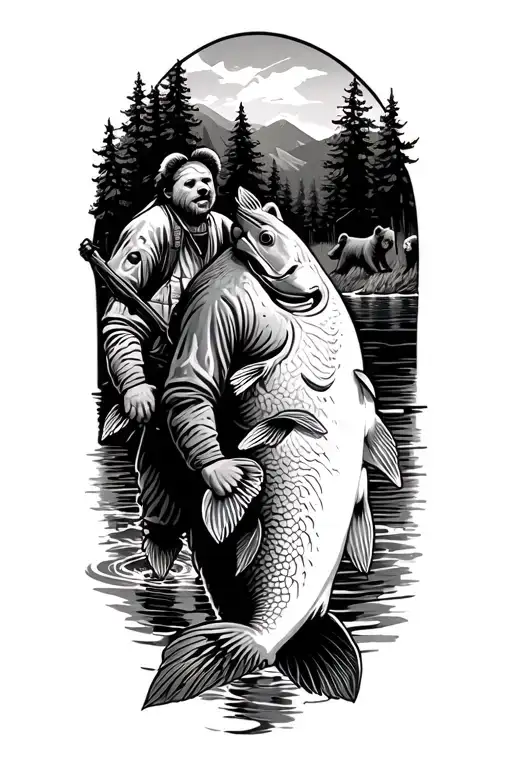 Fisher Man Pulling Huge Fish With Bears Playing In Back With River And Trees