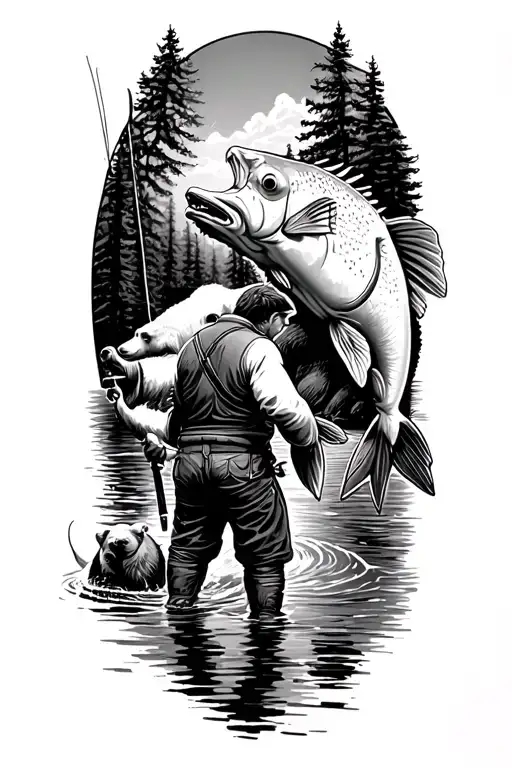 Fisher Man Pulling Huge Fish With Bears In Back Playing In Back With River And Trees