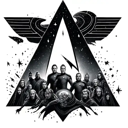 Star Trek Delta In Stardust With Lord Of The Rings Characters Emerging From Behind It