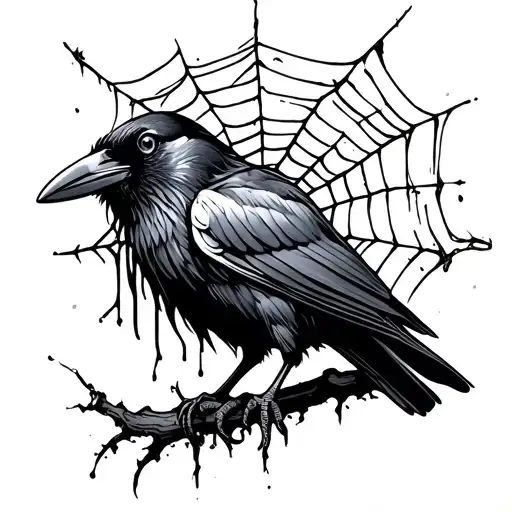 Sleeve Tattoo Of A Crow With A Droopy Spiderweb In The Background