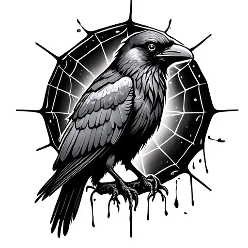 Sleeve Tattoo Of A Tall Crow With A Droopy Spiderweb In The Background