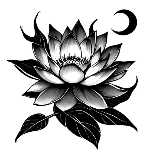 Personalized Tattoos For Along The Column In Black And White With A Lotus Flower With A Small Moon