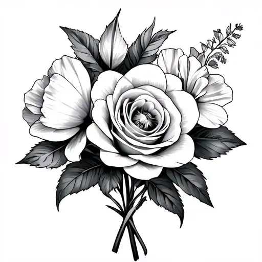 Carnation Daffodil Rose Marigold Bouquet Tattoo Design