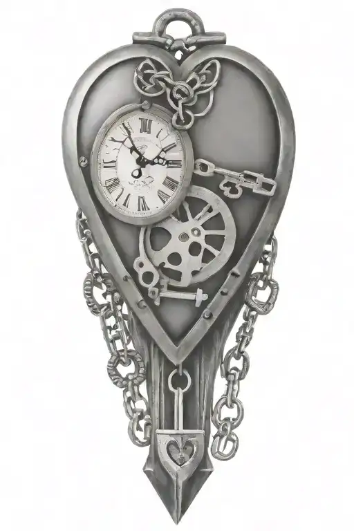 Heart Shaped Locket With Watch Face With Roman Numerals And Three Keys Hanging