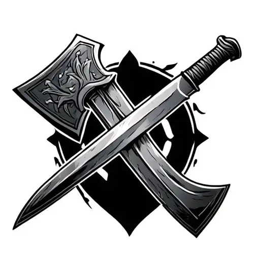 Viking Axe Horizontel Crossing Over A Verticle Samurai Sword