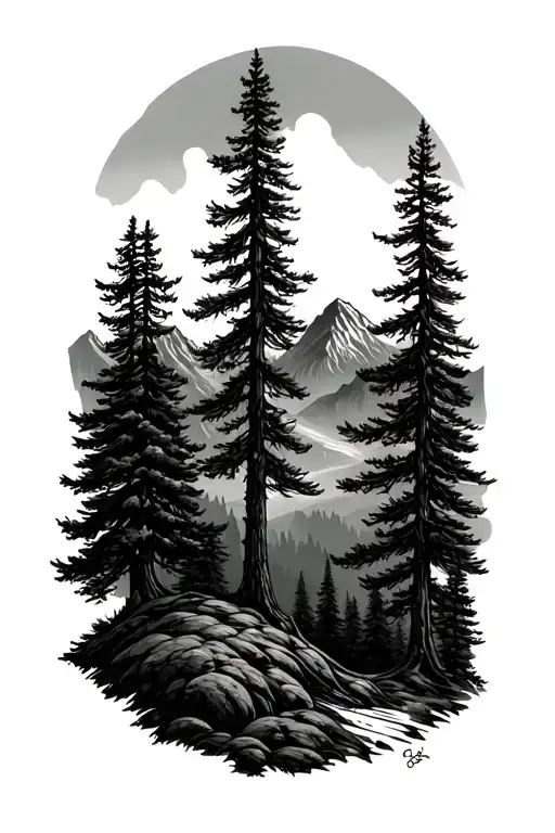 Pine Tree Forest With Mountains