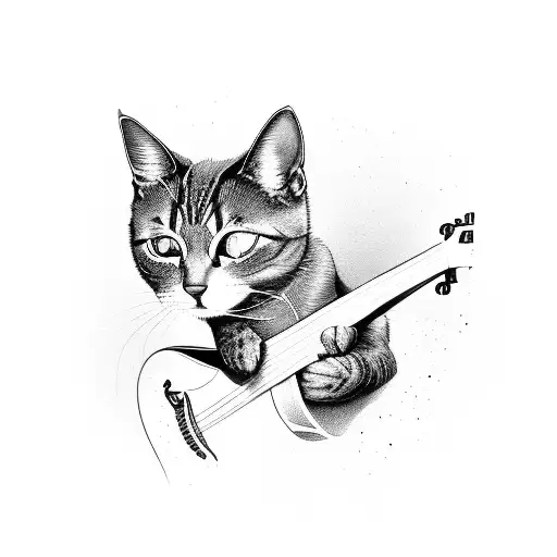 A Black And Grey Portrait Of A Cat Wearing Sunglasses And Strumming A Guitar